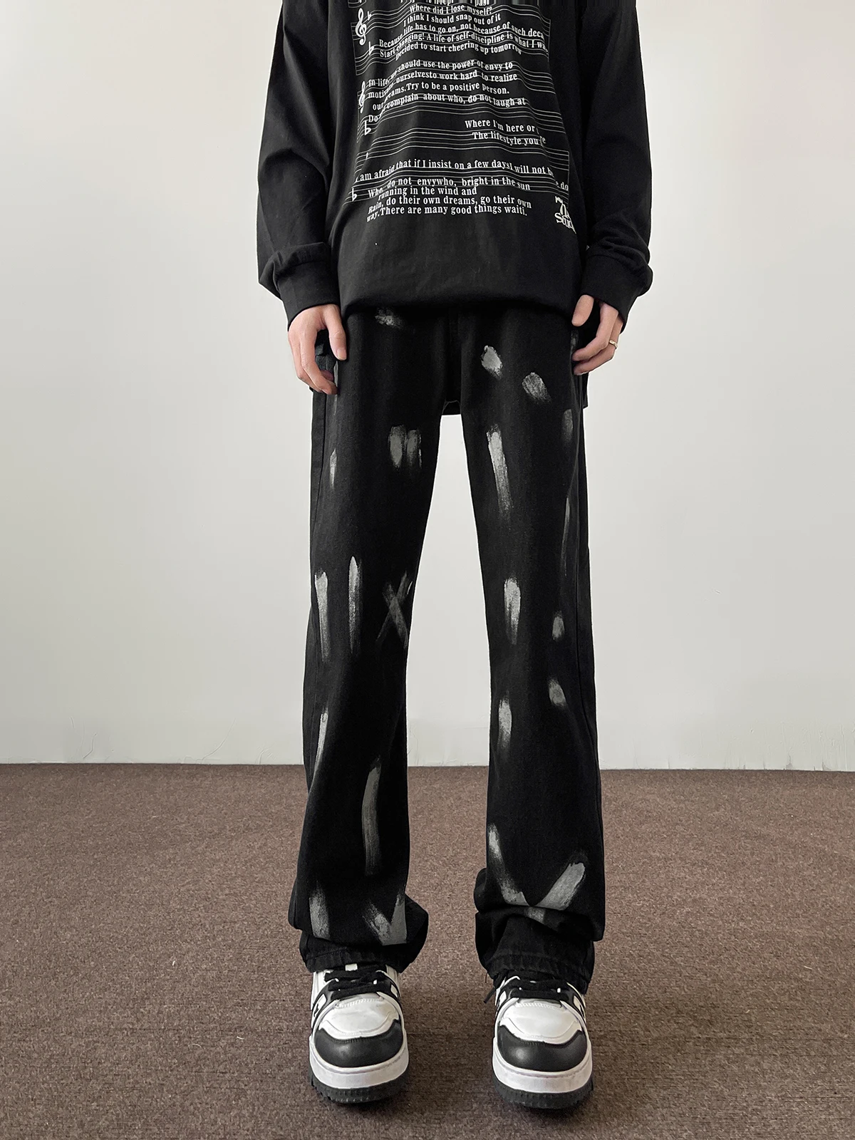 العصرية كبيرة الحجم الصباغة رذاذ رسمت واسعة الساق الجينز فضفاضة الرجال عادية مستقيم أنبوب بنطلون منخفضة الخصر سستة الربيع الشباب #2