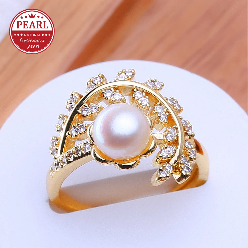 FENASY Natural Freshwater Pearl Gold Color Adjustable Rings for Women,Suitable for Daily Wear and Party,Gifts for Birthday