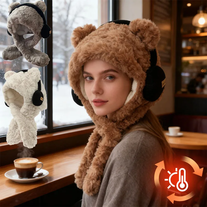 ผ้าพันคอคลุมศีรษะแบบมีฮู้ดสำหรับผู้หญิง พร้อมที่ปิดหูรูปหมีในตัว ใช้เป็นผ้าคลุมคอและหมวกสำหรับขี่ในฤดูหนาวและให้ความอบอุ่นกลางแจ้ง