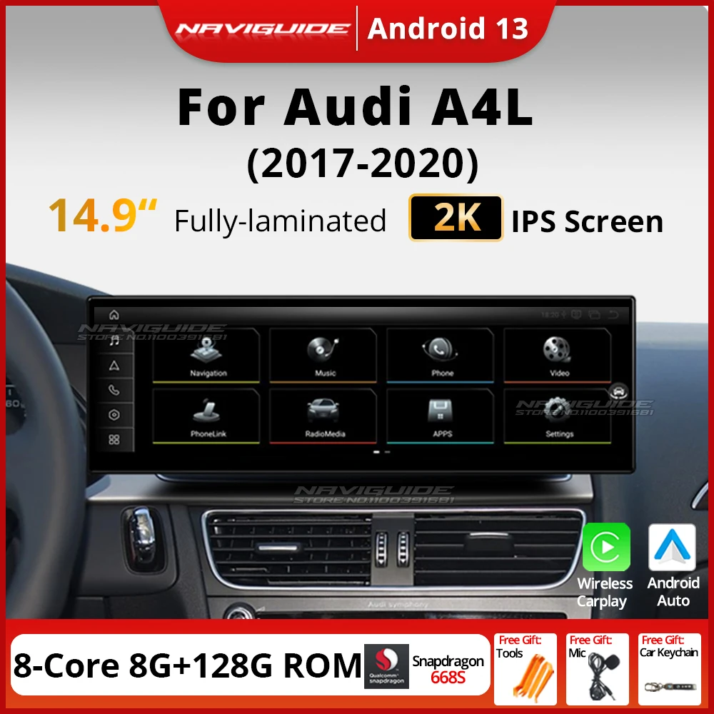 NAVIGUIDE 14.9''10.25'' Android 14 Car Multimedia Video Player For Audi A4 A4L A5 LHD 2017-2020 Carpaly WIFI Navi Tools 4G GPS