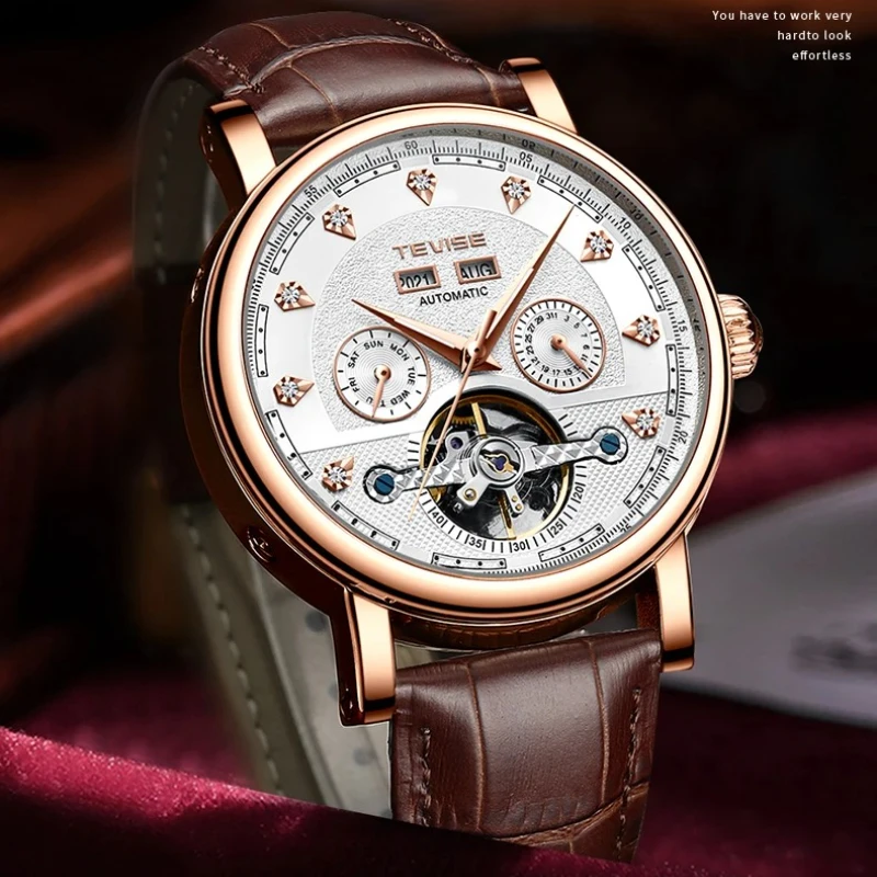 TEVISE T867C Luxury Brand Tourbillon Week Multi Functional Calendar Automatic Mechanical Watch Men Business Leather Watches Man