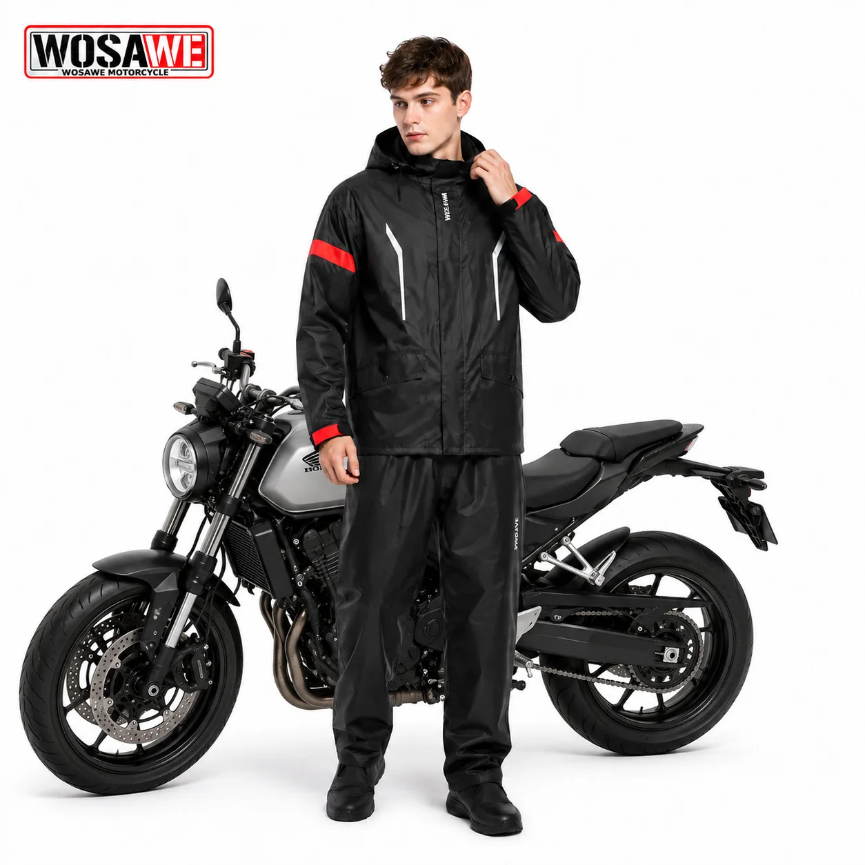 WOSAWE Men Motorcycle Rain Suit Waterproof Hooded Jacket Pants Set Reflective Plus Size Packable Moto Riding Rain Gear