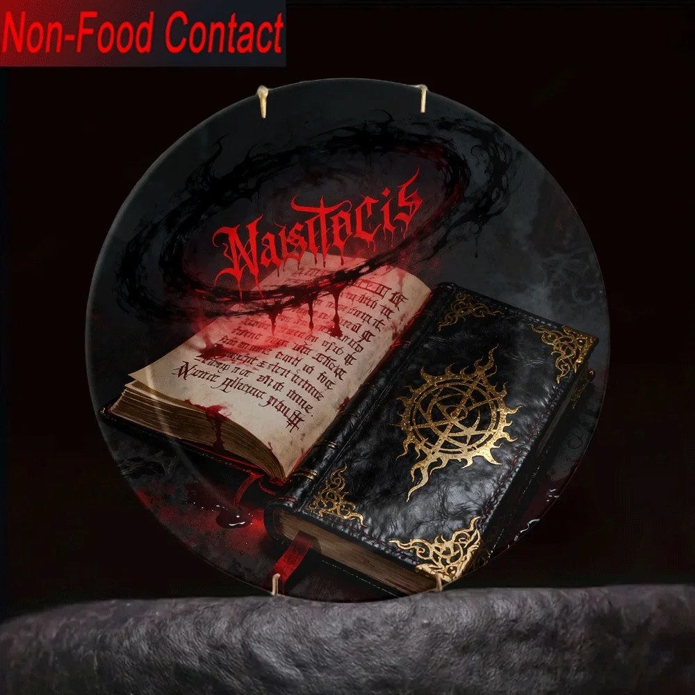 1pc Gothic Ceramic Decorative Plate - Maleficis Dark Fantasy Design with Blood Red Text & Golden Pentagram, Non-Food Contact