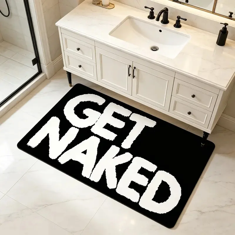 VIKAMA Funny Letter Bathroom Rug Black White Text Floor Mat Water Absorbent Non Slip Mat Bathroom Indoor Decor