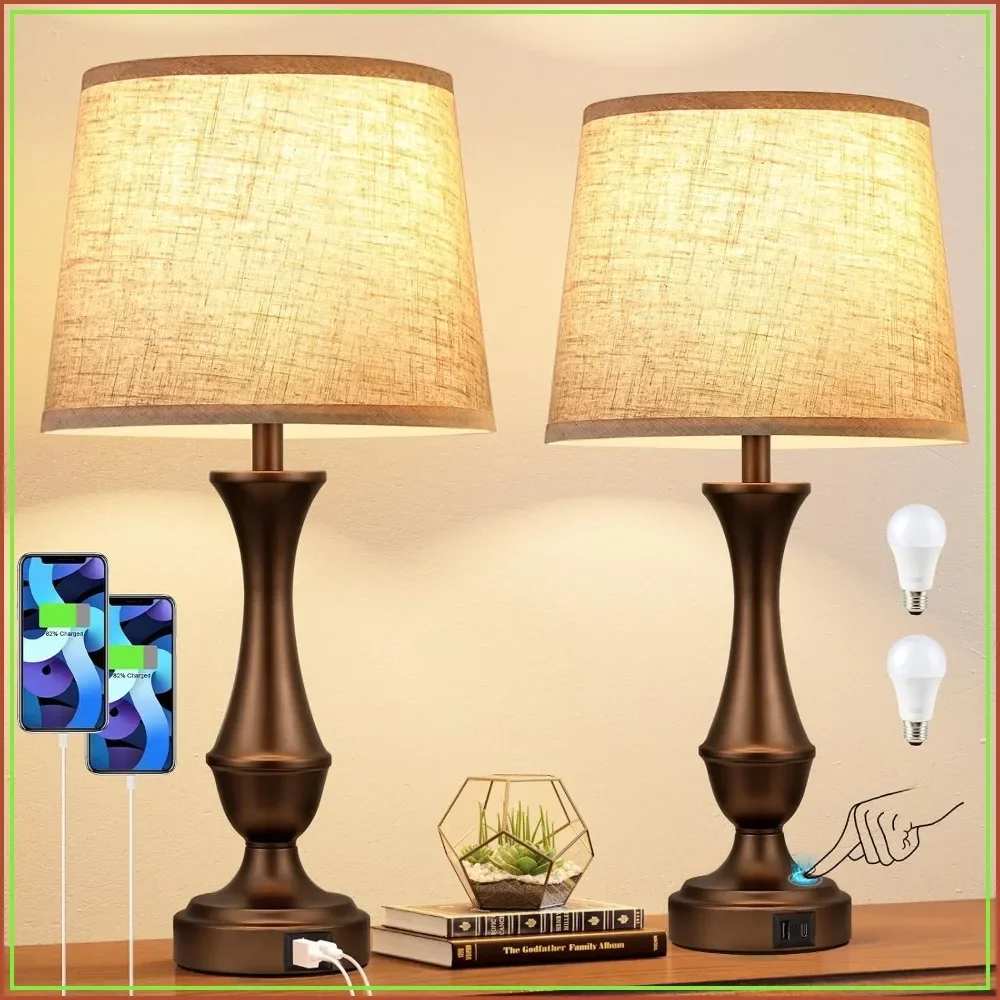 Upgraded Touch Lamps for Night Stands Set of 2 - Bedside Lamps with USB C+A, 3 Way Dimmable for Bedroom Living Room End Tables Office (Beige & Brown)