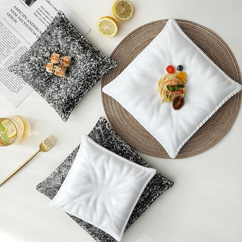 Ceramic Simulation Pillow Plate Gourmet Square Black and White Dessert Sushi Tableware