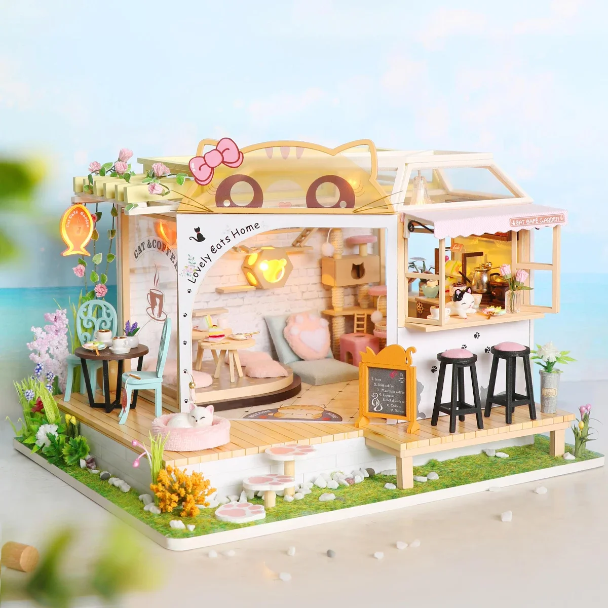 Doll House Cat Cafe DIY Small Kit Making Room Toys Home Bedroom Decoration with Furniture Wooden Accessories Girlfriend Gifts