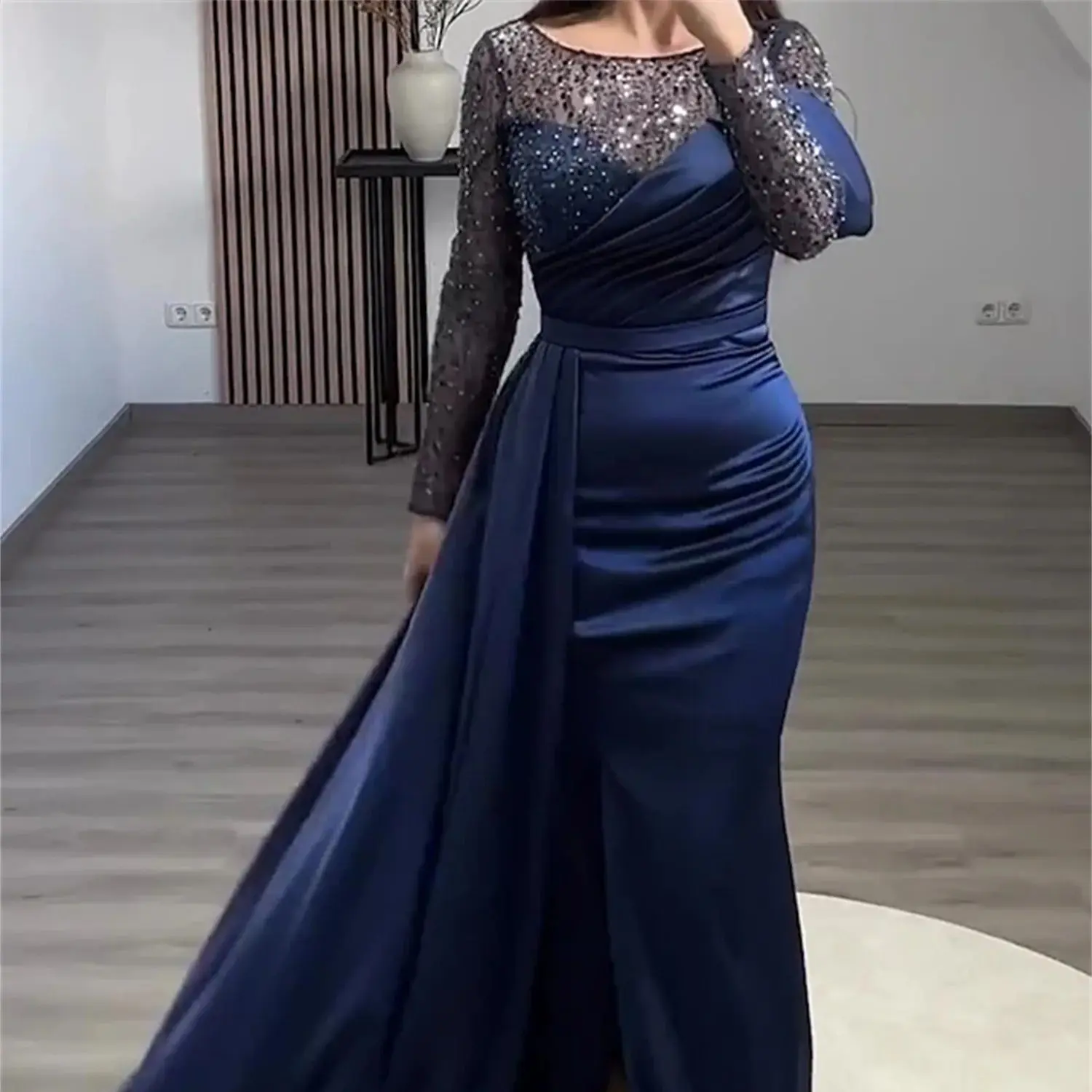 Satin Mermaid Bead Embroidery Navy Blue Dresses Gala Dress Evening Gown Jancember Robe Soiree De Luxe Customized Wedding Prom