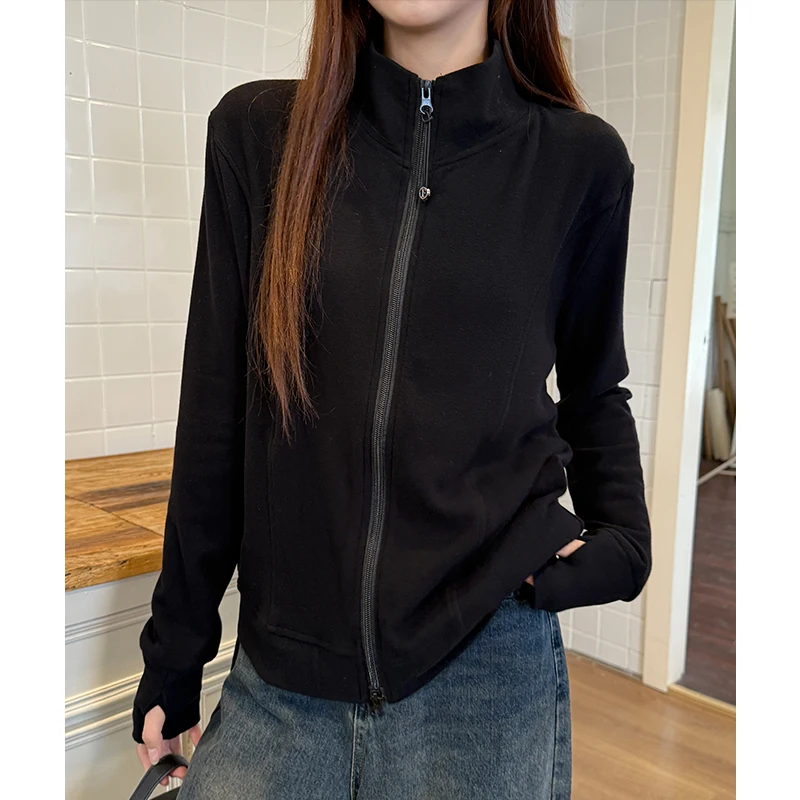 

Womens Base Sweater Stand Collar Double Zipper Half High Collar Velvet Sweatshirt Jacket Winter New