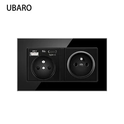 UBARO 146*86mm French Standard Tempered Glass Panel Wall Double Socket Power Electrical Outlet TYPE C Usb 5V 2100mA 220V 16A