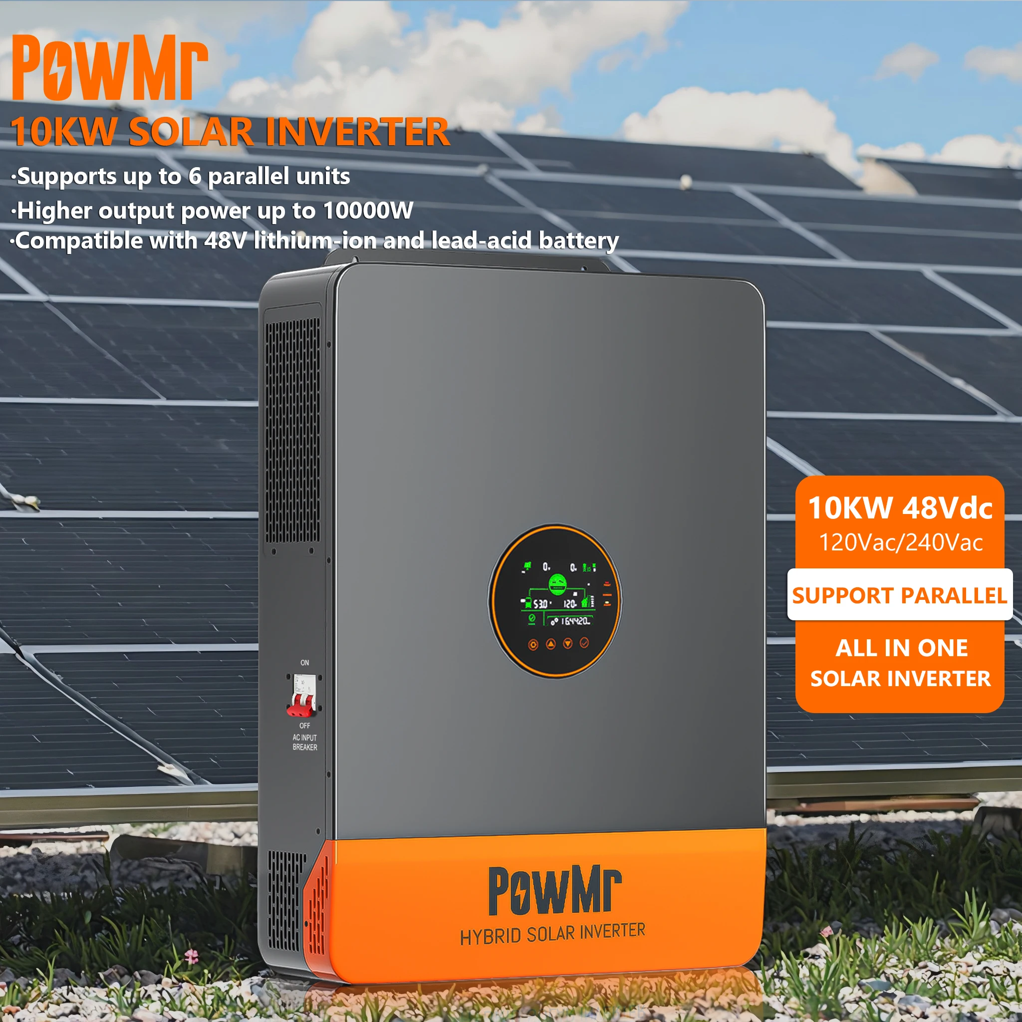 PowMr Best Price 10KW 120Vac/240Vac Single Phase/Split Phase Support Parallel Power up to 60KW Hybrid Solar Inverter