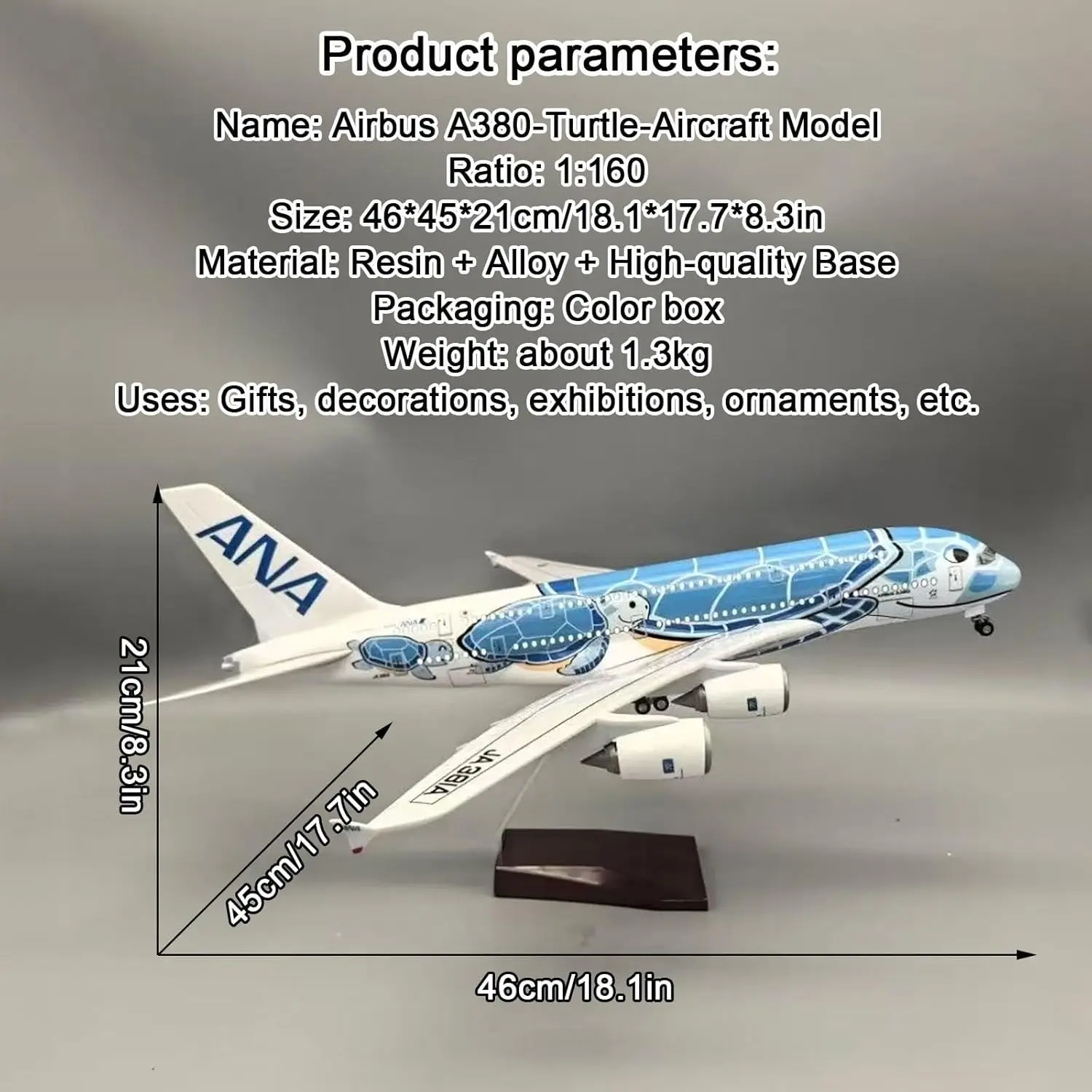 1/160 مقياس الطائرات A380 الهواء اليابان آنا الخطوط الجوية البحر السلاحف نموذج طائرة دييكاست الجدول الزينة تحصيل طائرة تذكارية Gif