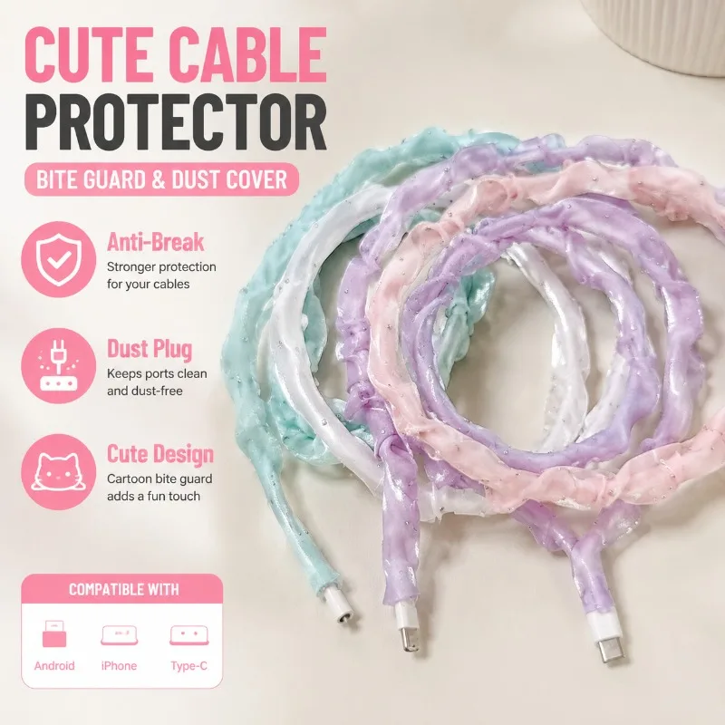 Phone Charger Cable Protector Anti-Break Dust Plug Cover for Android iPhone Type-C, Cartoon Bite Guard Cord Saver
