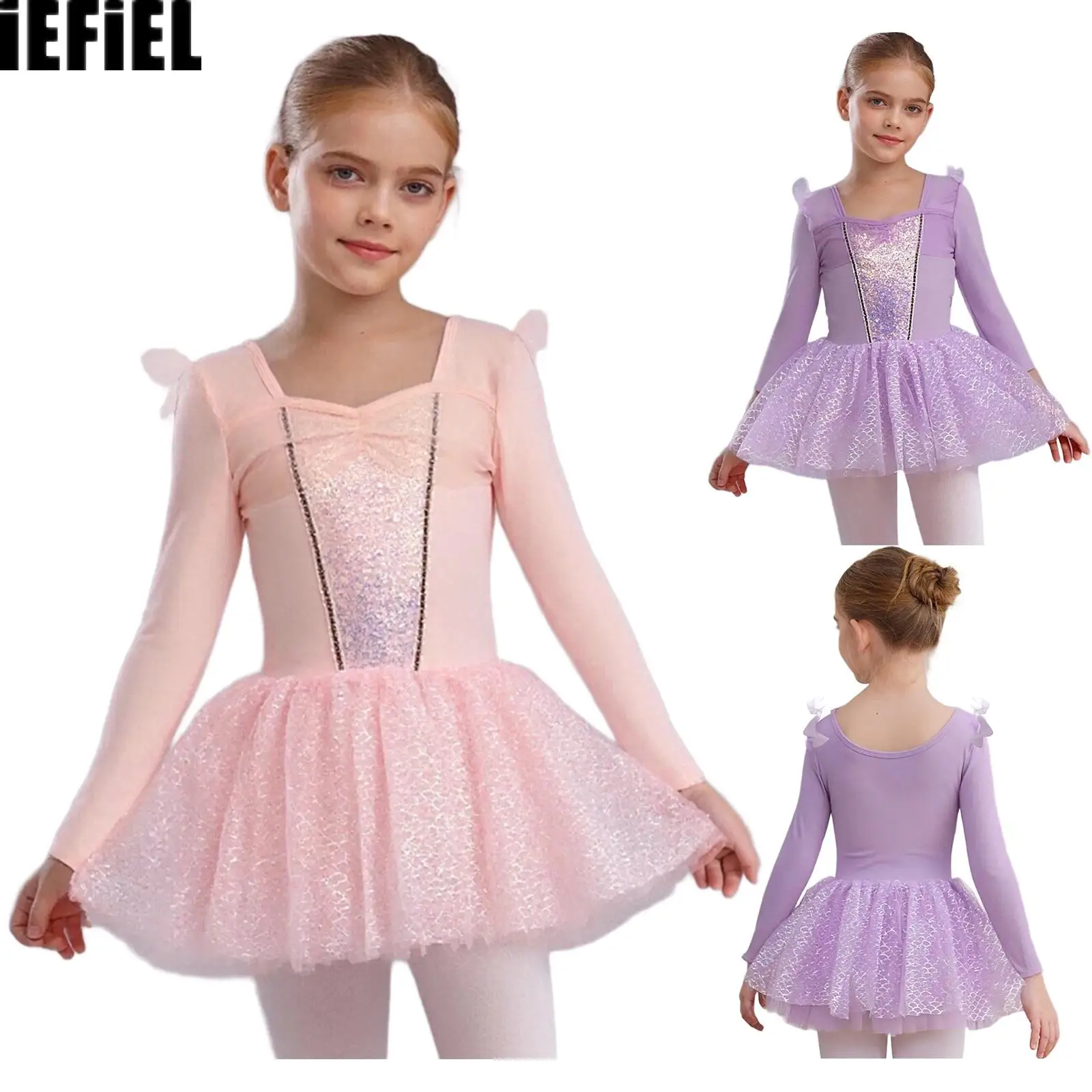 

Kids Girls Shiny Sequins Dance Dress Sheer Mesh Ruffle Long Sleeve Patchwork Fish Scales Tulle Tutu Dance Dress Wear