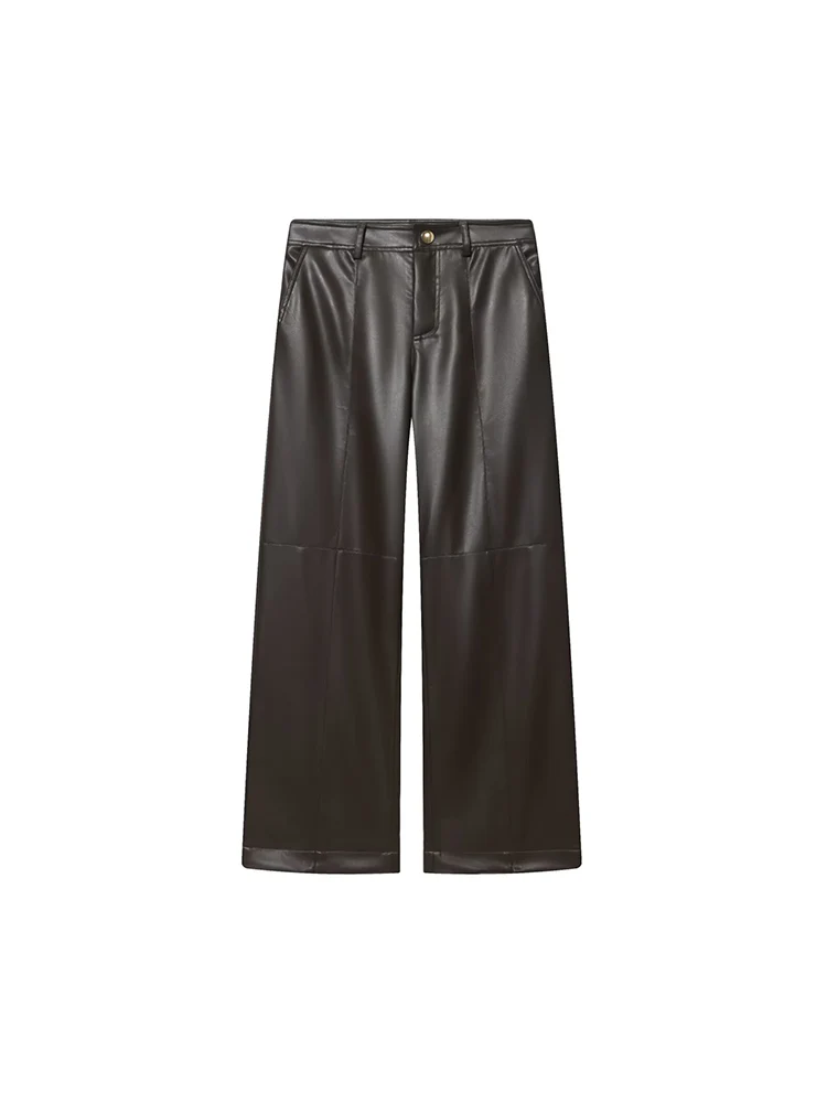 سراويل نسائية جديدة على الطراز الأوروبي عصرية ومتعددة الاستخدامات وبسيطة بلون سادة من الجلد الصناعي بأرجل مستقيمة