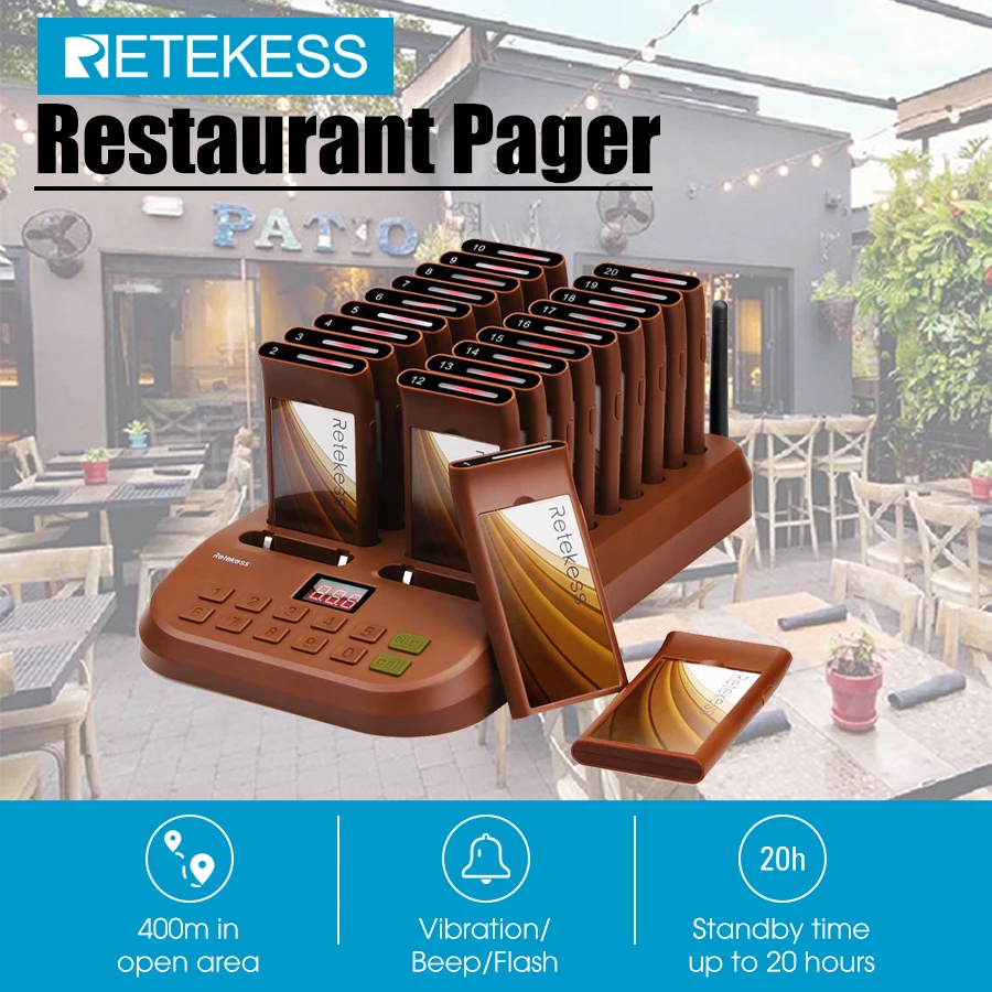 Retekess T116 Restaurant Pager Wireless Calling System Queuing 20 Coaster Receivers Beeper Buzzers For Cafe Food Truck Bar Hotel