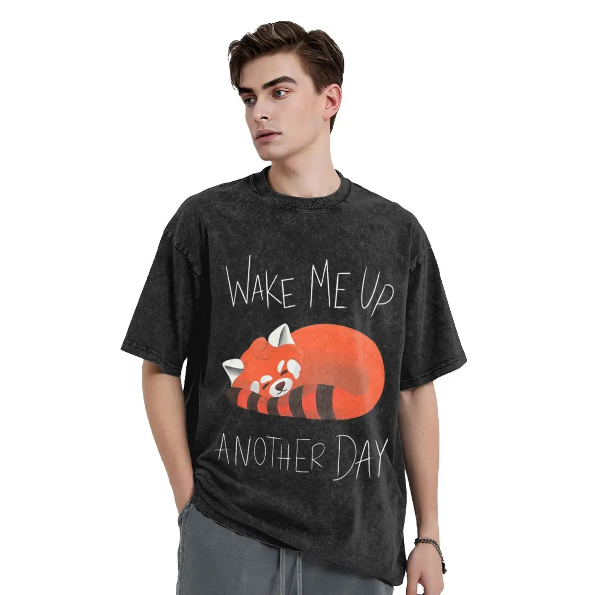 Wake Me Up Another Day Red Panda Washed T Shirts Oversized Short Sleeve Hip Hop T-Shirt Streetwear Tops Tees for Men Women