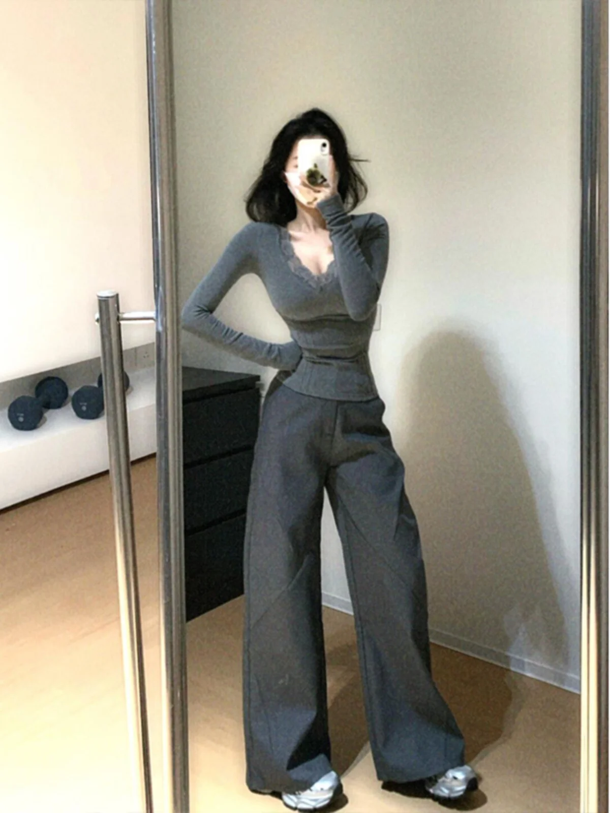 Warm Fce V-Ne Long Sve T-shirt Dames Slim Fit Pluizig Kant Splitsen Basis irt Pure Desire Design Sense Herfst Winter