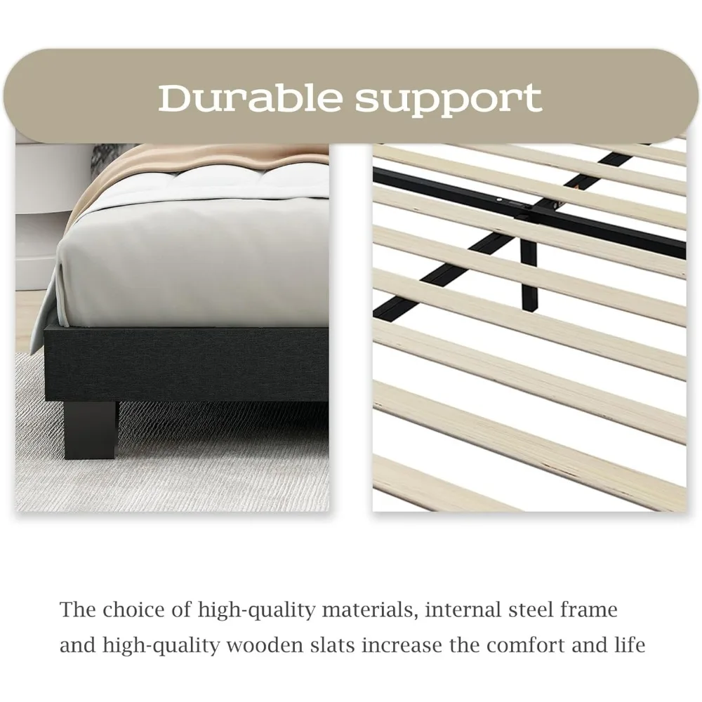 Upholstered Platform Full Size Bed Frame with Headboard Wooden Slats Support Easy Assembly No Box Spring Needed Black Linen