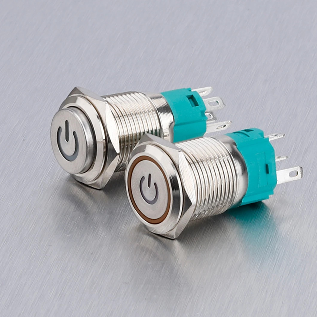 

16MM Flat Head Power Logo LED Light 1NO1NC Metal Push Button 3A250V Momentary/Latching Push Button Switch with 3Pin Terminal