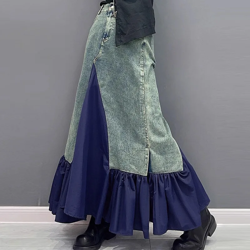 Y2k Langer Rock für Damen, Patchwork, Denim, Faltenröcke, unregelmäßig, A-Linie, Taschen, Vintage, Distressed, gewaschen, weiblich, 2025, Streetwear