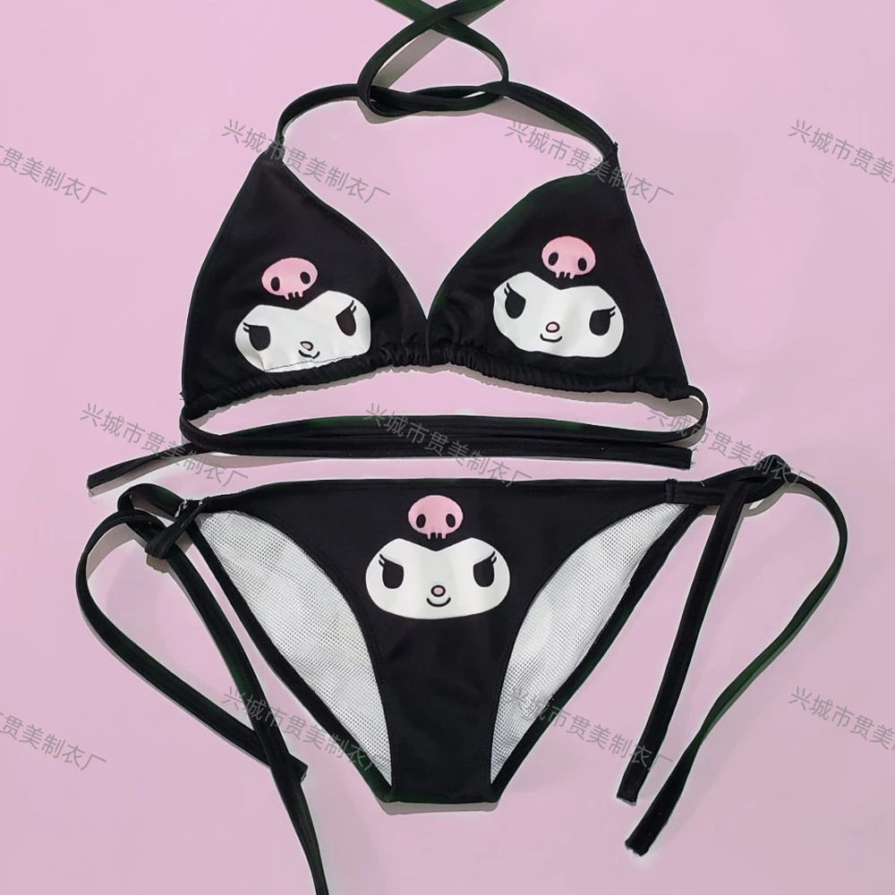 Anime Cinnamoroll My Melody Bikini Swimsuit Sanrioed Kawaii Kuromi Bra Women Dopamine Sexy Hot Girl Hanging Neck Lace Up Cartoon