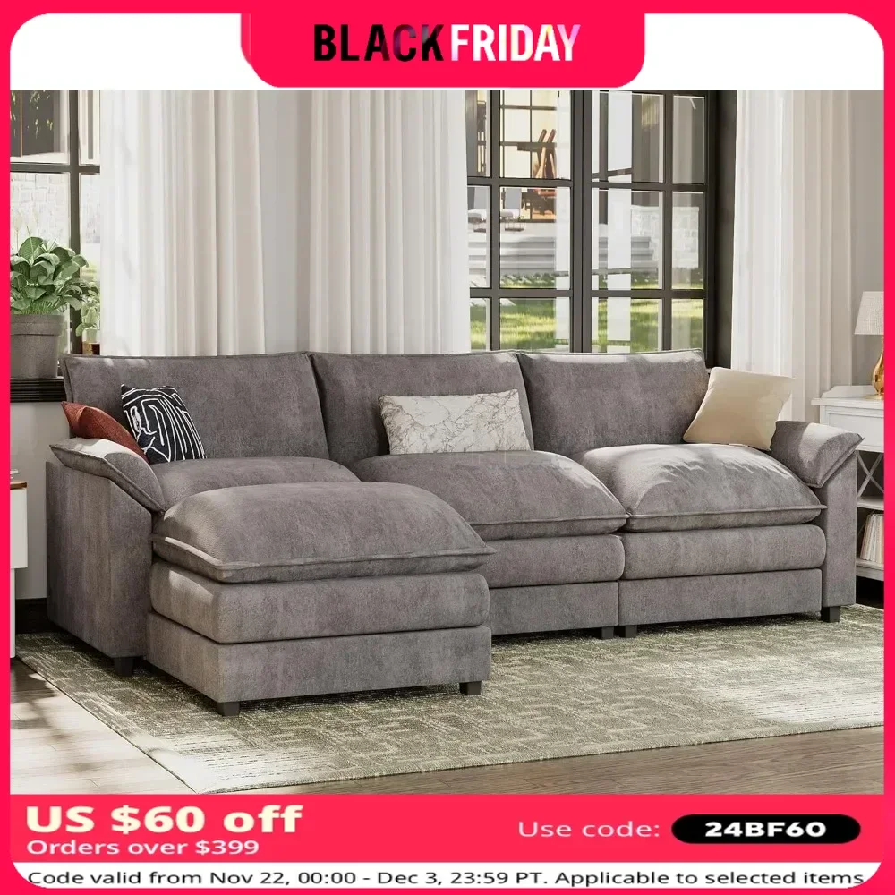 Sectional Sofa Modern Deep Couch with Reversible Ottoman L-Shaped Chenille Fabric Modular Sofa Sleeper Comfy Living Room Sofa