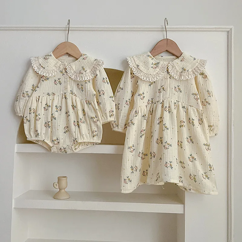 

‌2025 Spring Baby Romper Floral Ruffle Collar Dress Matching Sister Outfits for Toddler 0-24 Months Soft Cotton Princess Dress