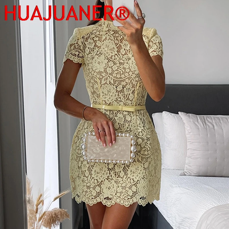 Fashion Perspective Lace Women's Party Dress New Elegant O Neck Short Sleeved High Waist Dress Yellow Bow Tie Up Banquet Dresses