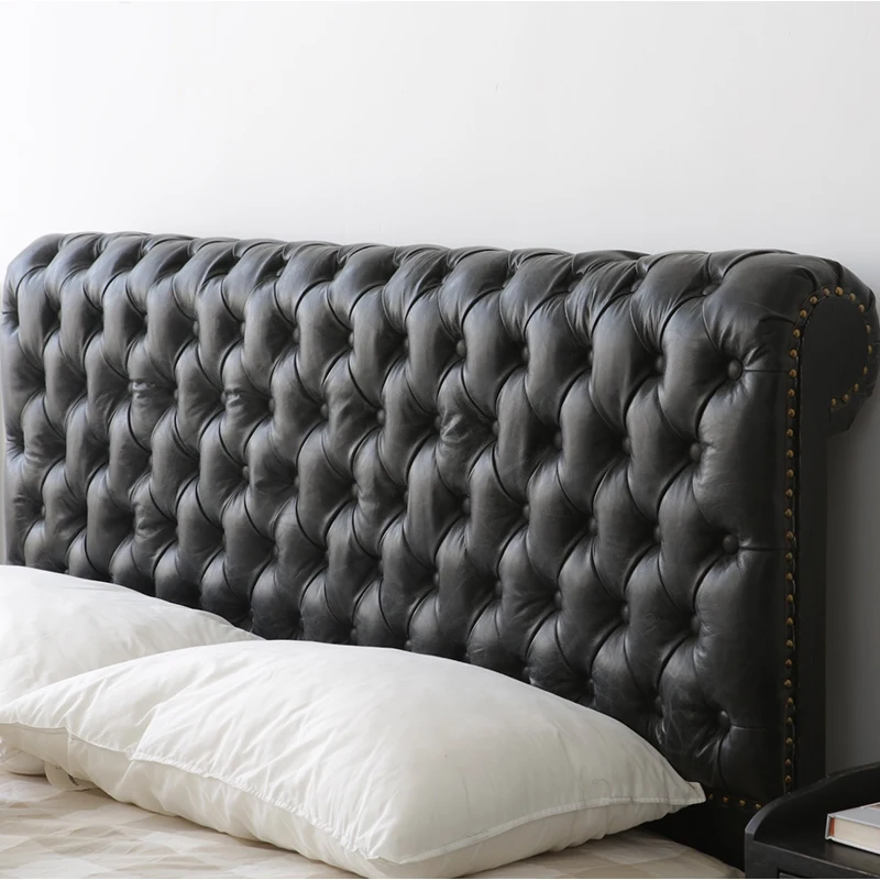 Retro black leather solid wood bed country simple double zipper layer cowhide wedding bed