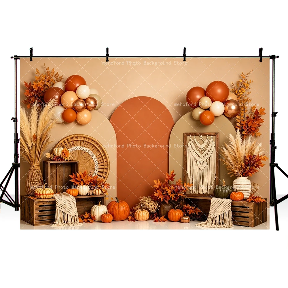 Mehofond Autumn Pumpkin Dried Flowers Bohemian Scarecrow Thanksgiving Baby One Year Old Photography Background Photo Decoration