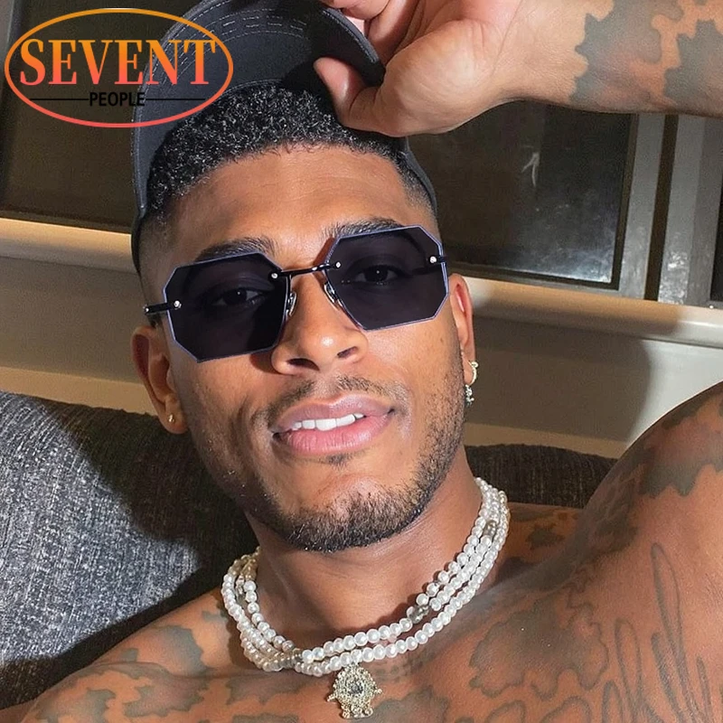 

Rimless Rectangle Punk Sunglasses Men 2025 Luxury Brand Vintage Outdoor Driving Sunglass Trendy Steampunk Shades For Male UV400