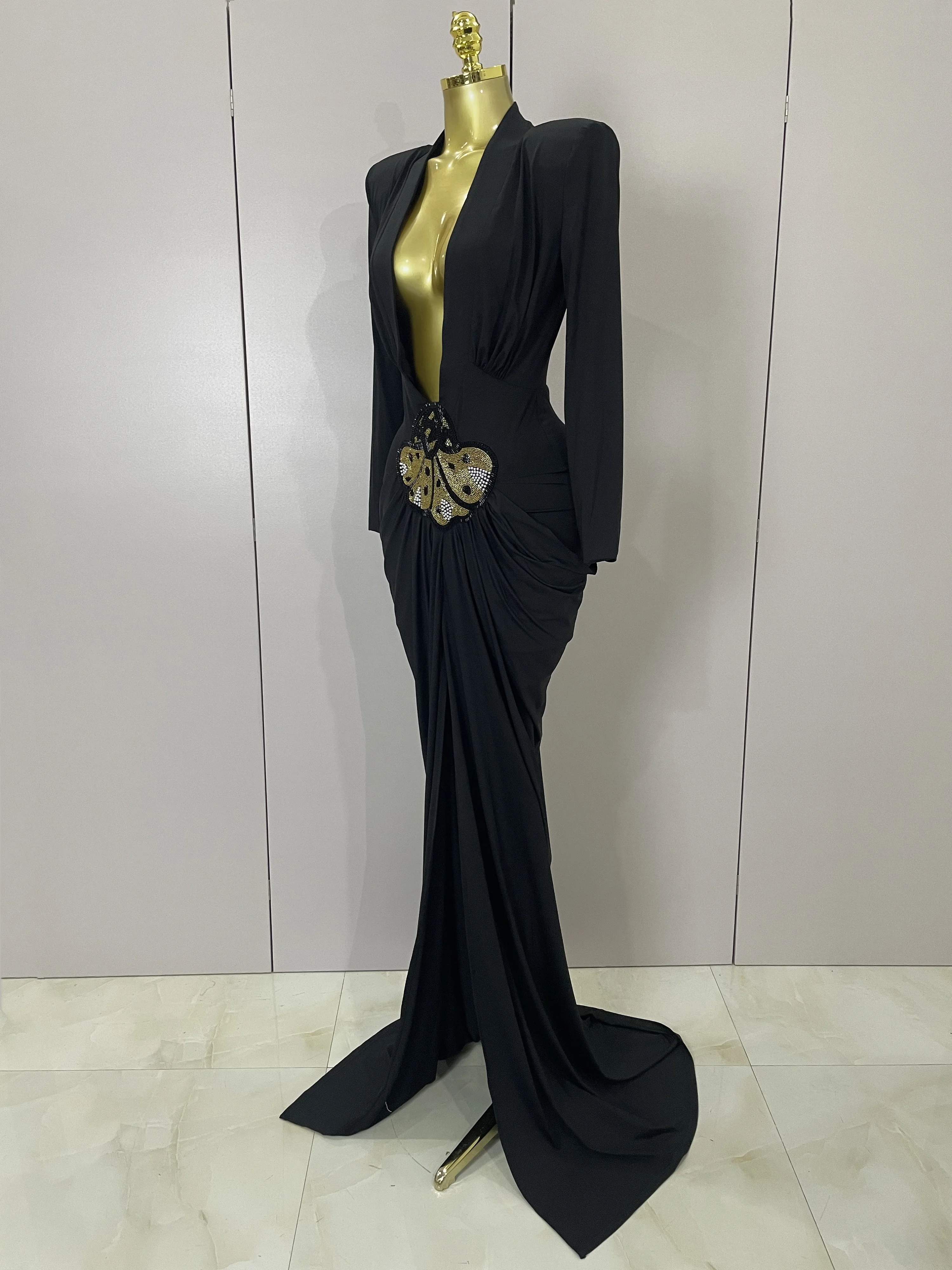 مثير العميق الخامس الرقبة كم طويل Bodycon فستان طويل 2025 جديد إمرأة ربيع أنيق مساء حفلة احتفال كوكتيل الزي Vestido