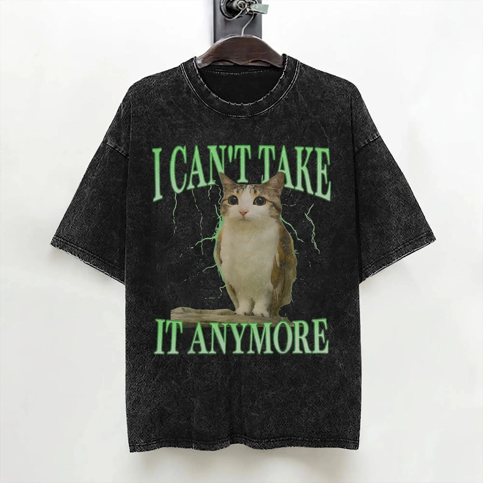 Funny Meowl I Can't Take it Anymore Cat Owl T Shirt Washed Cotton Street T-Shirt for Men Women Streetwear Printed Tops Tees