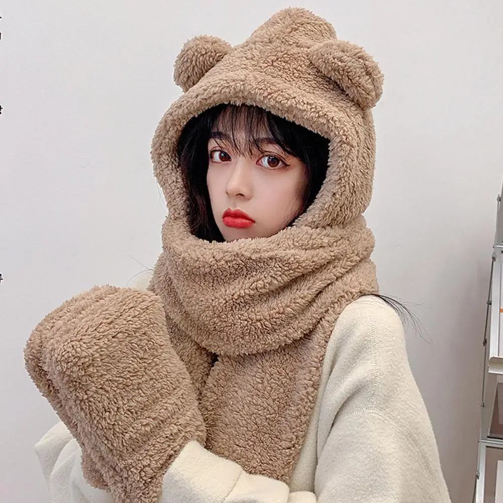 New Cute Bear Ear Hat Scarf Gloves Set Winter Women Beanies Caps Warm Casual Plush Hats Casual Solid Fleece Girl Kawaii Present