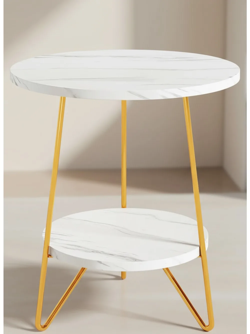 

Двухуровневый круглый приставной столик из искусственного мрамора с золотыми ножками, небольшой журнальный столик с акцентом для гостиной, спальни