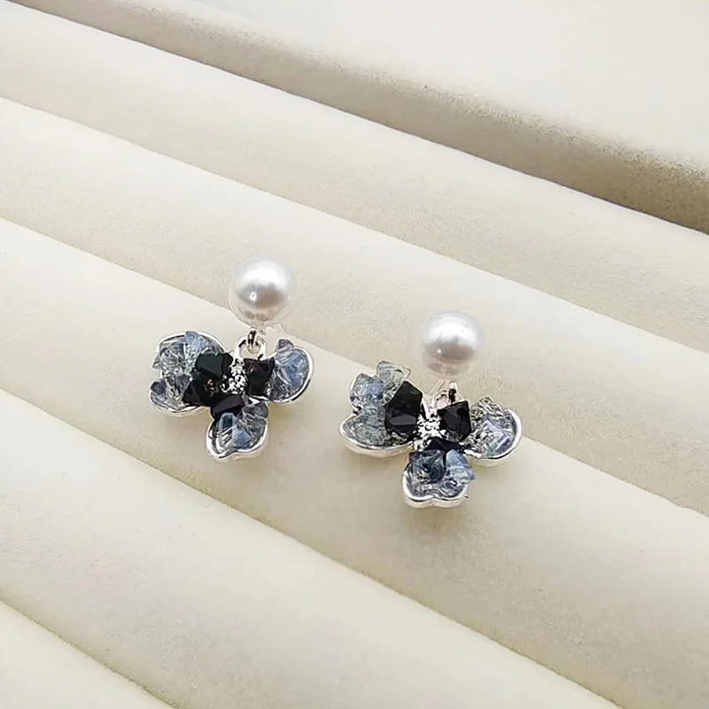 Blue White Gradual Gravel Crystal Ice Water Lily Flower Imitation Pearl Drop Earrings for Women Jewelry Girl Gift