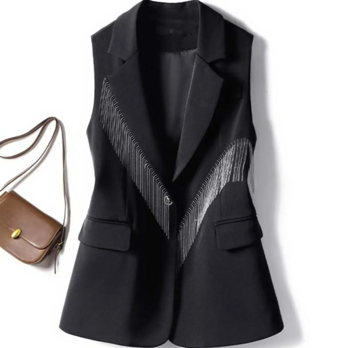 

Black Single Button Irregular Blazer Vest Women Top Notched Vest Cardigan Sleeveless Casual Office Lady Vest Waistcoat Spring