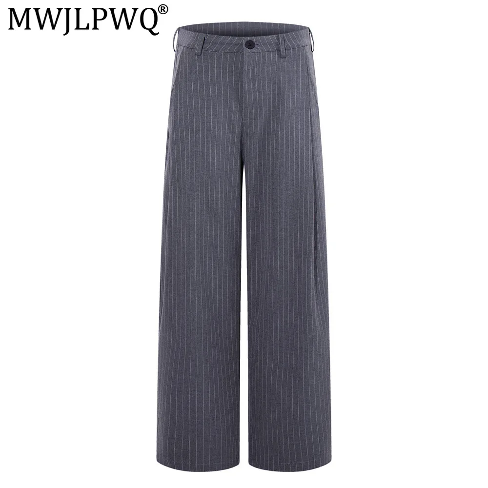 MWJLPWQ Men's Loose-Fit Casual Retro Vertical Striped Pants Trendy American-Style Pleated Straight-Leg Trousers Cleanfit 20753