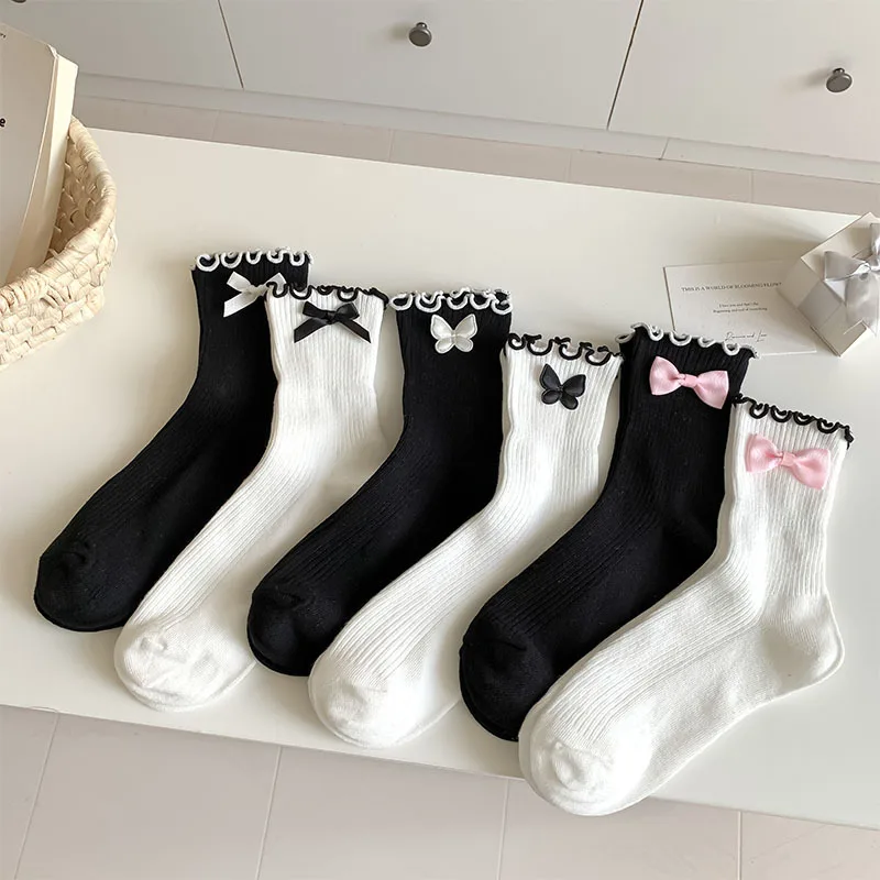 

Женские носки с милым бантом, милая Лолита, кавайные носки с оборками, Женские однотонные носки JK в японском стиле, черные белые средние Носки