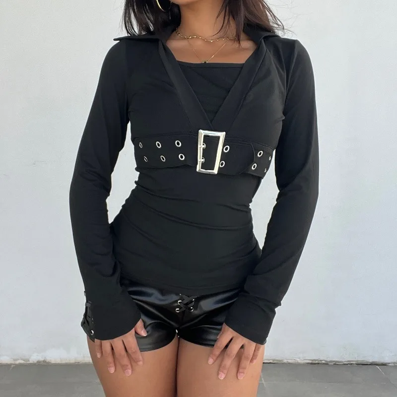 Fake 2 Piece Grommet Metal Buckle Sash T-shirts Women Fashion Turn Down Collar Long Sleeve Black Slim Casual Streetwear Tees Top