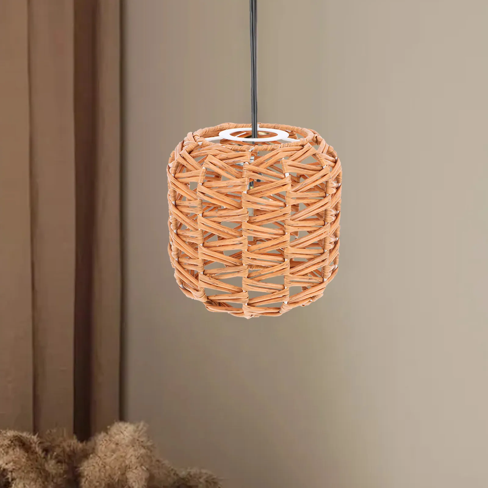 Faux Rattan Woven Lampshade Handmade Rustic Japanese Vintage Boho Pendant Shade for Dining Room Guesthouse Ceiling Light