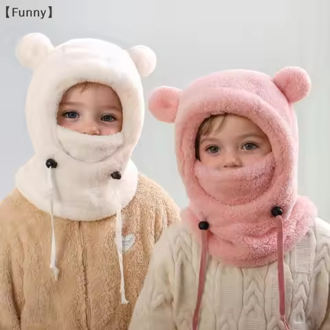 〔Funny〕Kid Plush Balaclava Hats Windproof Warm Hat Scarf Adjustable Neck Cover Ear Protection Cap