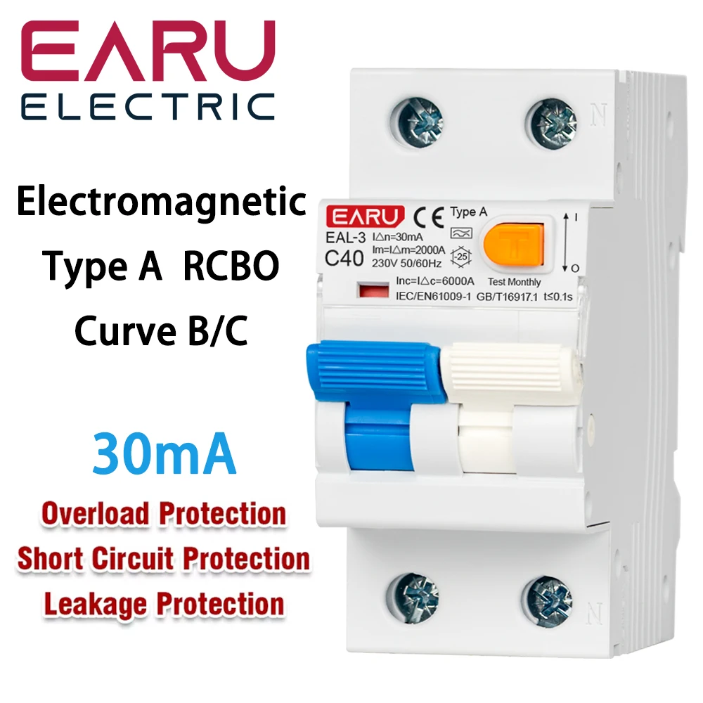 

Автоматический выключатель дифференциального тока (RCBO) типа А, 2P, 40А, 30мА, электромагнитный, для защиты от перегрузки и утечки тока, AC 230В, характеристика B/CC