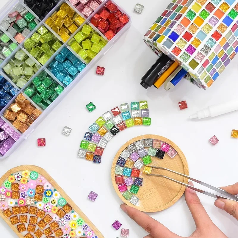 

200 шт. 1x1x0,4 см Стеклянная мозаика с блестками. Материалы для рукоделия своими руками. Мелкогранулированная кристаллическая плитка