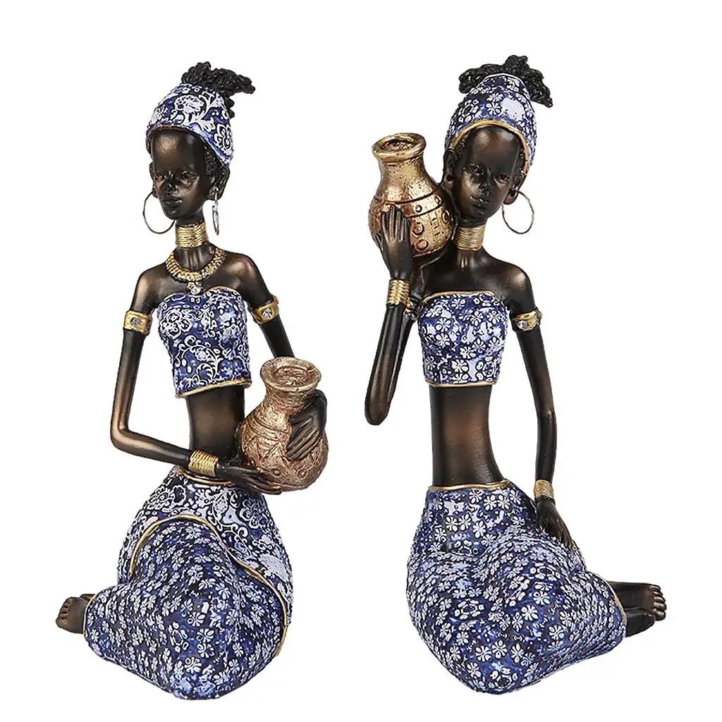 2 Pcs Exquisite Resin African Female Figurine Sculpture Craft Tribal Lady Statue Ornament Creative Housewarming Gift