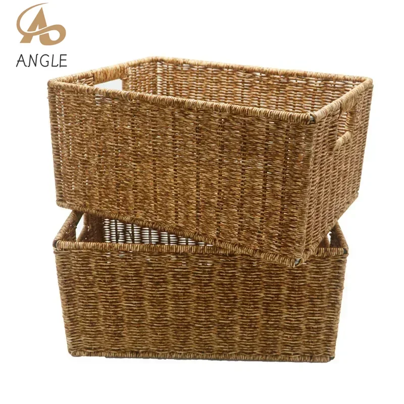 Handgewebter Aufbewahrungskorb aus Rattanimitat, multifunktionaler rechteckiger Organizer für Obst, Snacks, Brot, Kosmetik, Picknick
