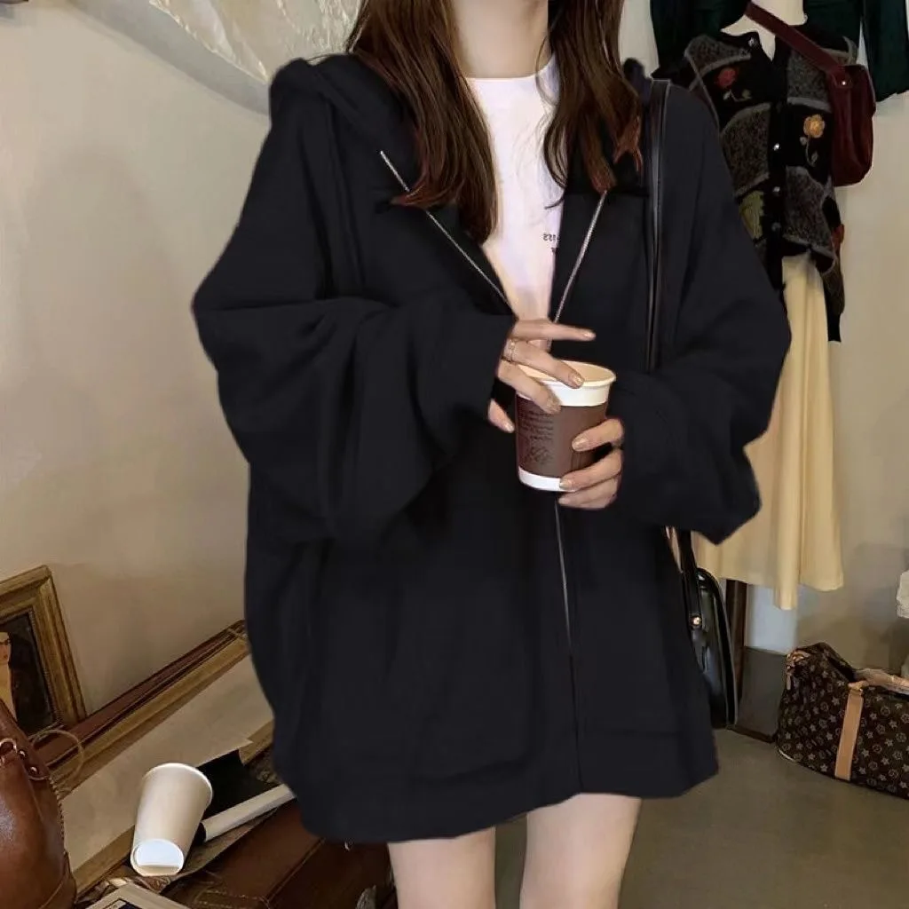 

2025 Spring and Autumn New Black Hooded Sweater Women's Loose Lazy Wind Niche Top Coat