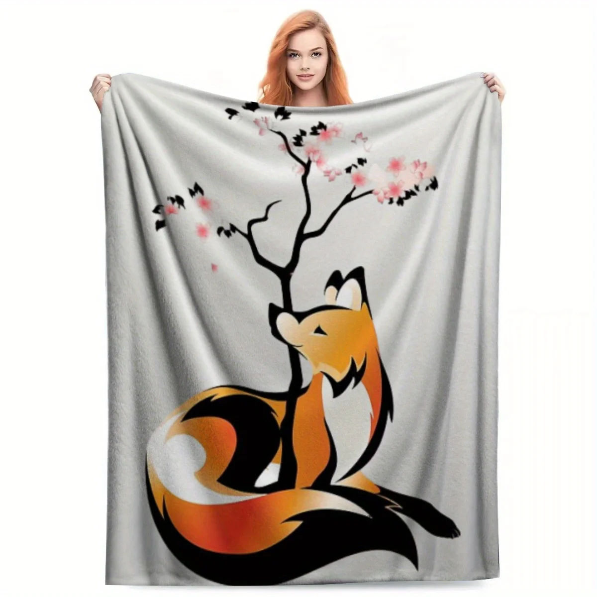 Sakura Magic Anime-Inspired Fox & Cherry Blossom Bedspread -Thread Count All-Season Soft Plush-like Texture, Machine Washabl