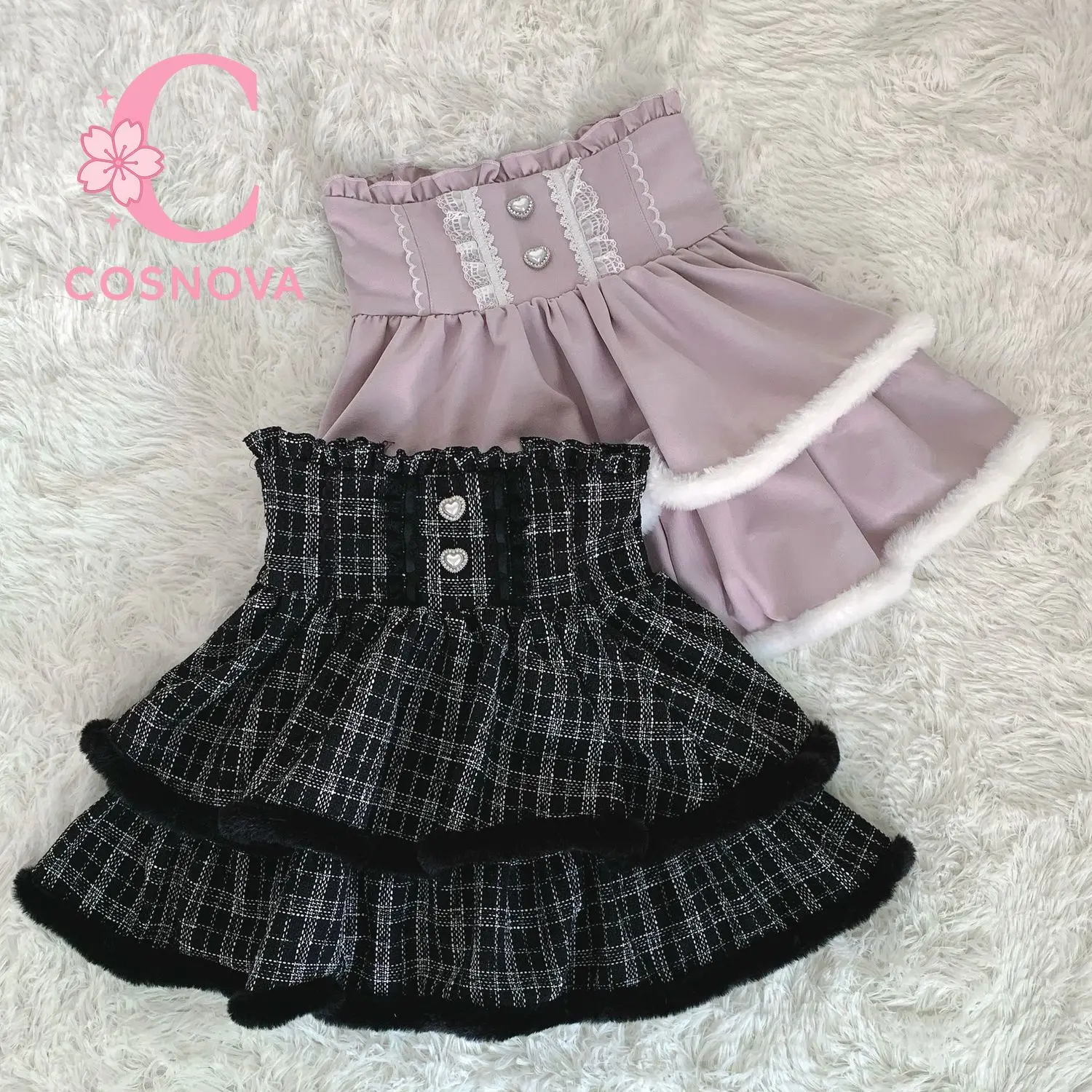 Sweet Lolita High Waist Tweed Skirt Double Layer Fur Trim Lace Heart Button Ruffle Mini Skirt Autumn Winter Cute Kawaii Outfit